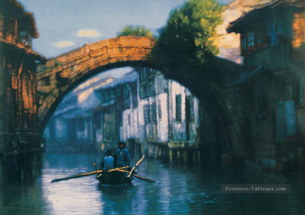 Bridge River Village Shanshui Paysage chinois Peintures à l'huile